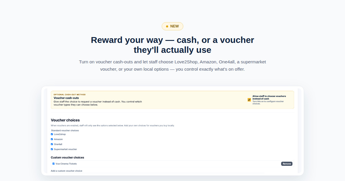 RotaStars voucher cash-out settings showing standard and custom voucher choices