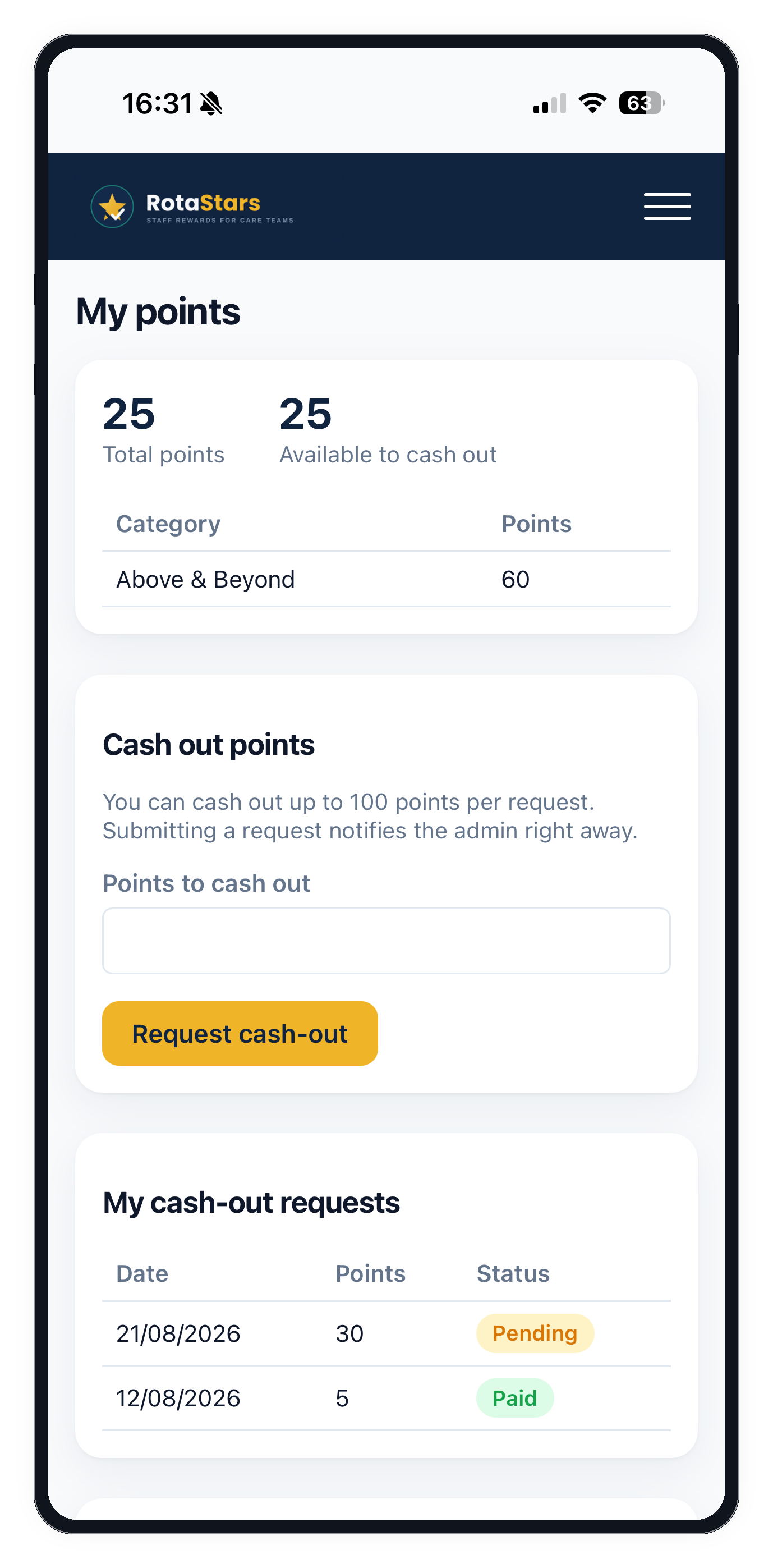 RotaStars care worker My points screen showing demo points, cash-out requests and points history